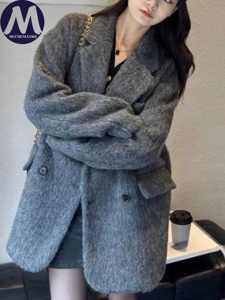 Coats for Woman Autumn Winter New Elegant Long Sleeves Thickening Woolen Suit Jacket Korean Fashion Casual Loose Keep Warm CoatT251224