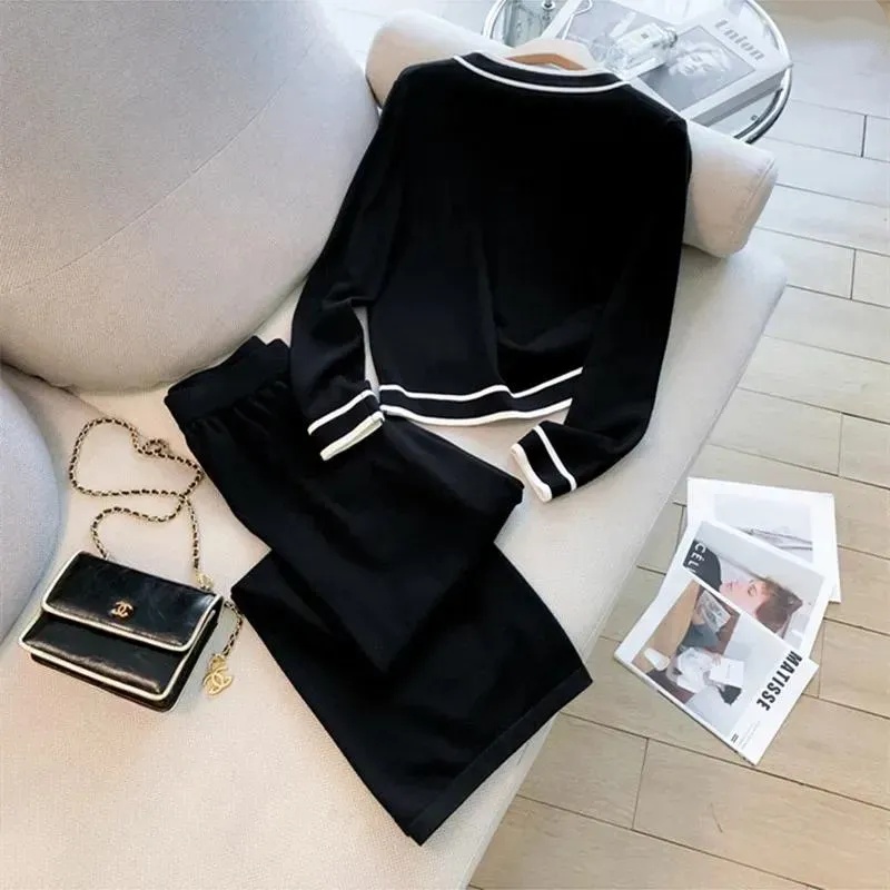 Women's Tracksuits Vintage Fall Winter Knitted 2 Piece Set Female Elegant V Neck Patchwork Sweater Top&Wide Leg Pants Suits Women Casual