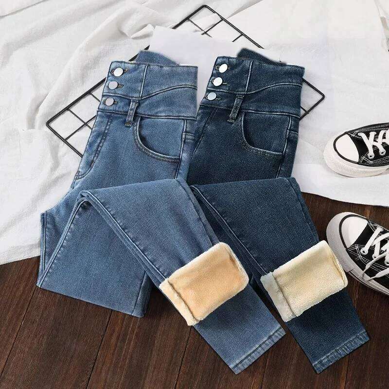 Winter Thick Velvet Women High Waist Skinny Jeans Simple Fleece Warm Fit Stretch Ladies Casual Slim Denim Pencil Pants Y2K X251224