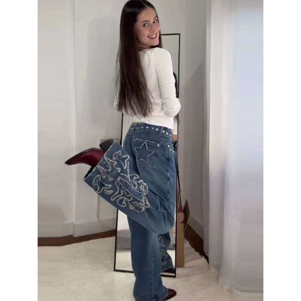Y2k Chic Denim Pants Women Patchwork Star Metal Rivet Jeans Baggy Dragging Hip High Street Casual Daily Trousers X251224