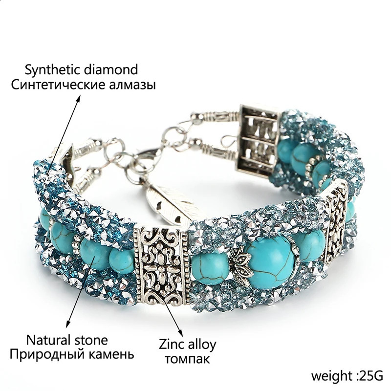 Boho Vintage Crystal Blue Stone Beads Handmade Bracelet for Women Tibetan Silver Bohemain Feather Charm Bracelet Bangle Jewelry 251219