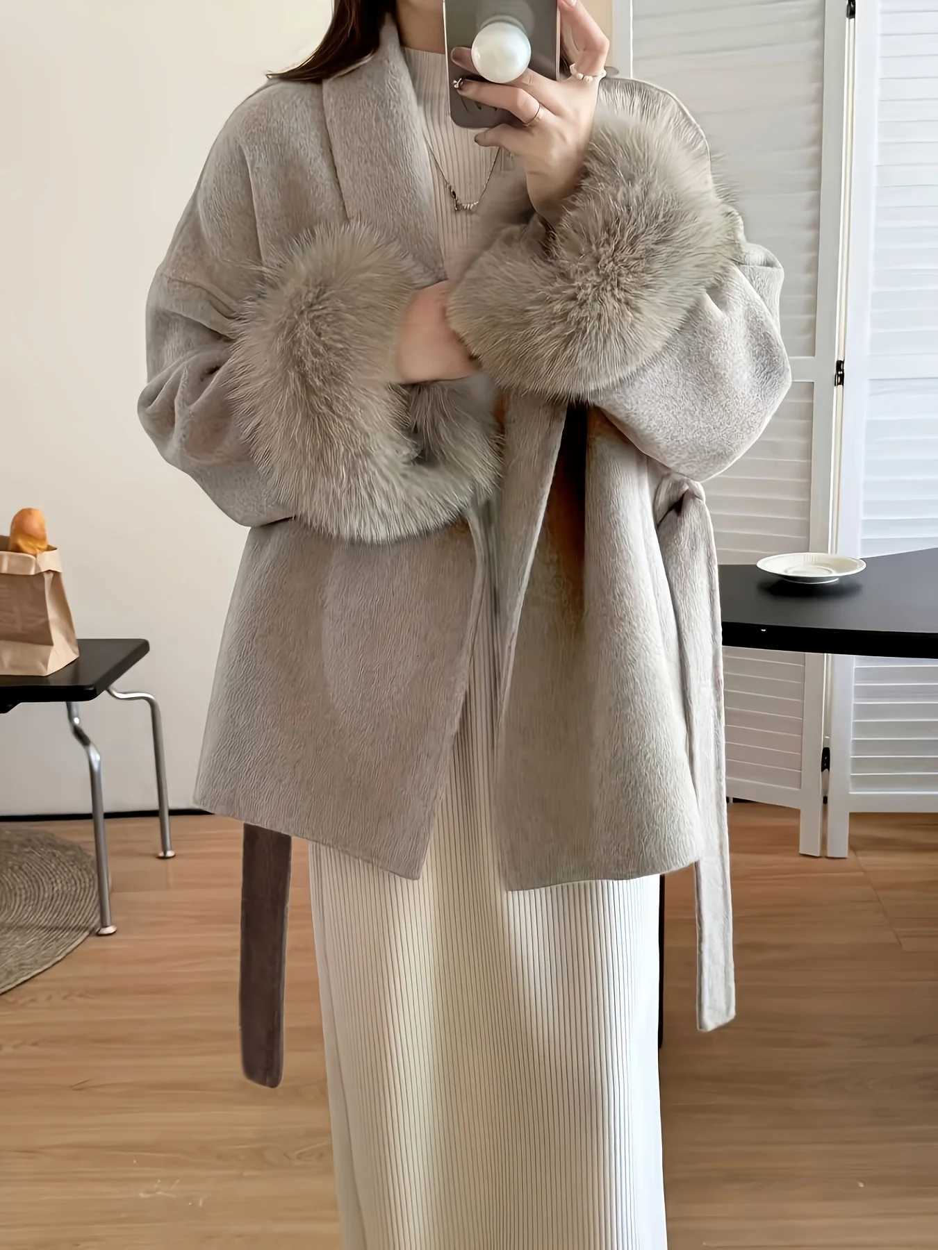 Elegant Directed Womens Autumn Winter New Double-Sided Blended Faux Fur Splicing Long Sleeve Warm Elegant CoatT251224