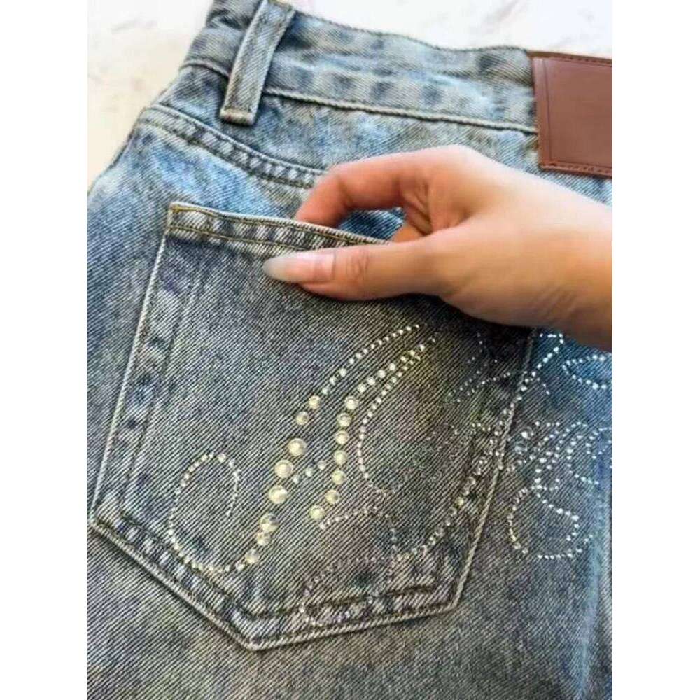 2025 Ropa Y2K Style Letter Hot Fix Rhinestone Baggy Stacked Jeans Pants For Women Clothing Luxury Wide Leg Lady Denim Trousers X251224