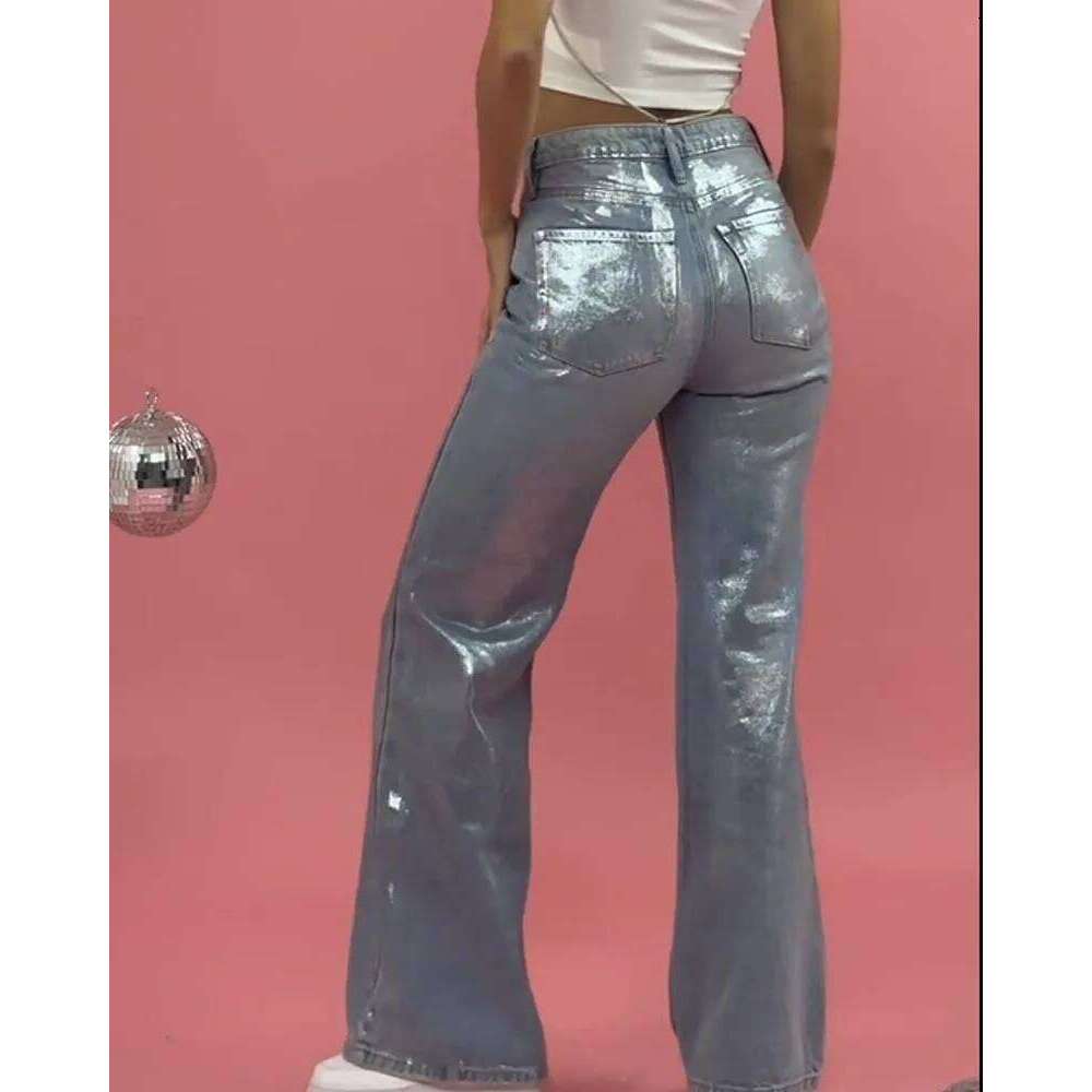 Metallic Baggy Fashion Y2K Blue Jeans High Waist Loose Vintage Straight Wide Leg Cool Design Denim Pants for Women X251224