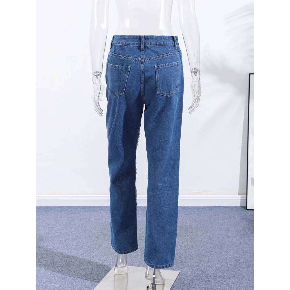 Street Pearl Hollow Women's Jeans Zipper Pockets High Waist Blue Denim Trousers 2025 Autumn Winter Lady Y2K Outwear X251224