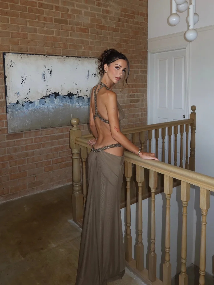 Sexy Hollow Out Sequin Halter Dress Women Sleeveless Off Shoulder Backless Pleated Maxi Dresses 2026 Lady Evening Party Gown 251223