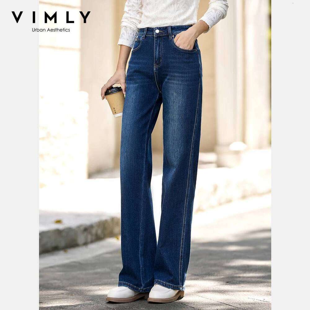 VIMLY Blue Denim Woman Pants Autumn Vintage 2025 New Straight Pockets Wide Leg Female Jeans Casual Button Trousers Ladies 75180 X251224