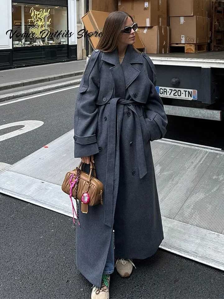 Chic Lace Up Long Woolen Coat Women Gray Double Breasted Lapel Full Sleeve Pocket Coats 2025 Autumn Winter Lady Street OutwearT251224