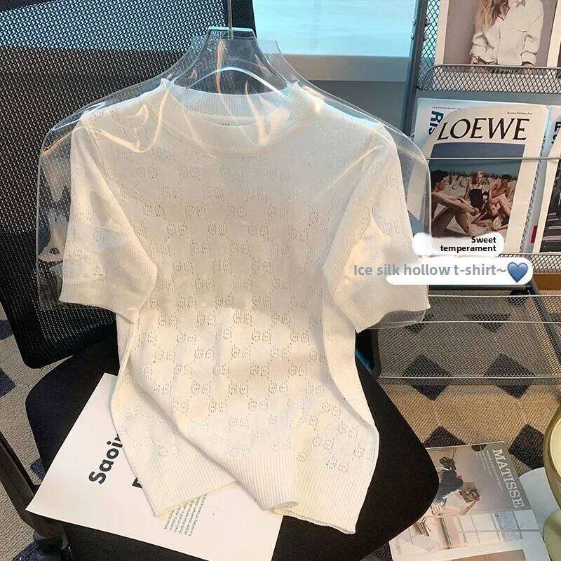Ice Silk Base Layer Knitted Top Women's Round Neck Loose Thin Summer New Fashion French Design Ladies T-Shirt Sweater Vest