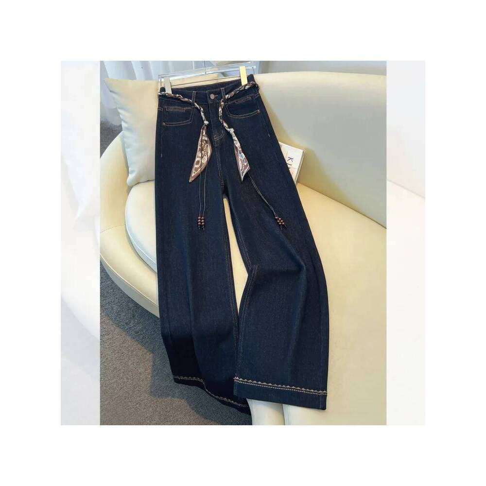 2025 Autumn New Denim Blue Wide Leg Women's Jeans Super Popular Pants with Silk Scarf Belt Fashion Straight Trousers X251224