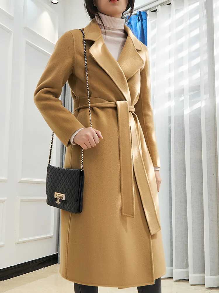 CAIXINGLE 2024 Autumn 100 Wool Coats With Belt Fashion Open Stitch Elegant Woolen Cashmere Coat Veste Femme TopsT251224