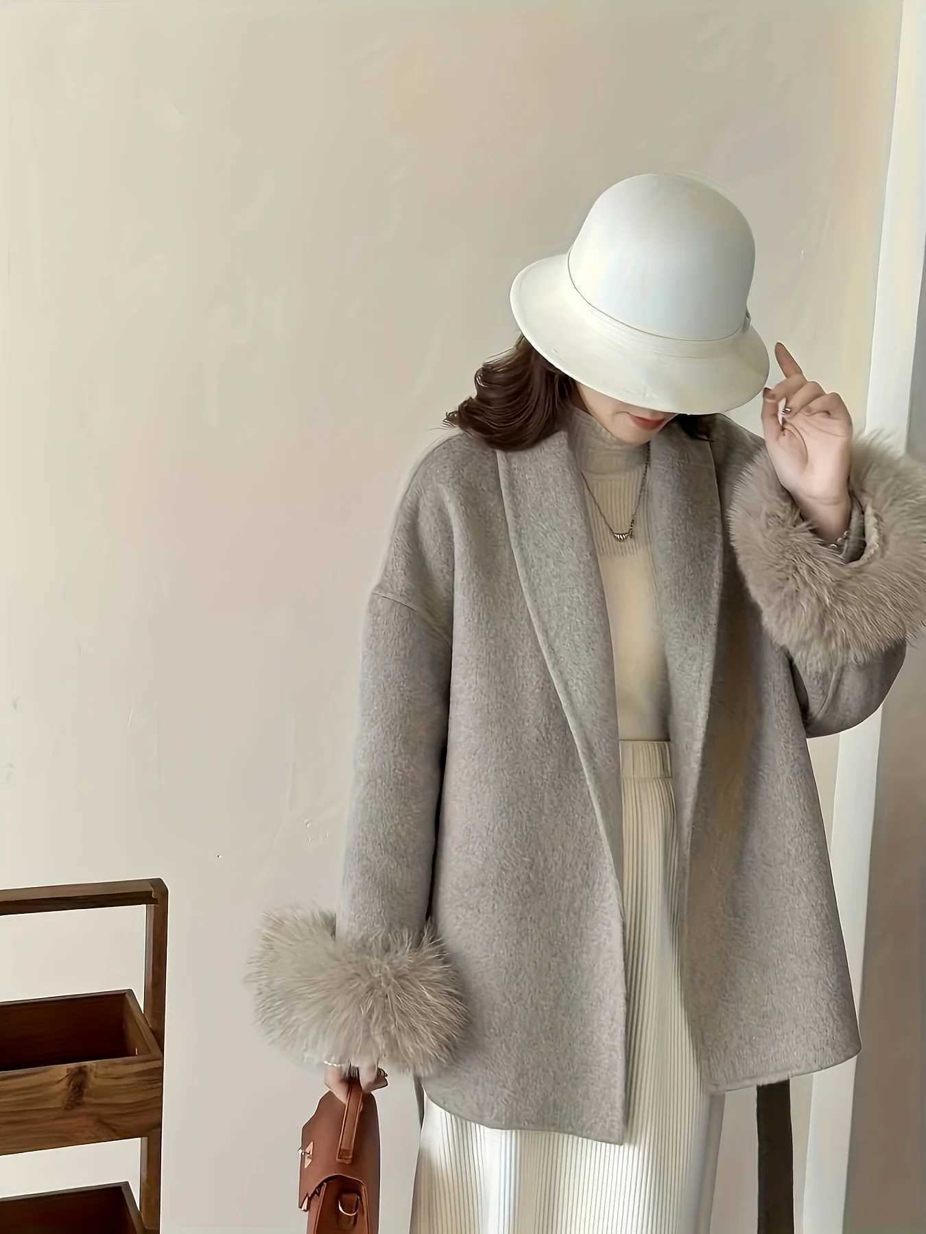 Elegant Directed Womens Autumn Winter New Double-Sided Blended Faux Fur Splicing Long Sleeve Warm Elegant CoatT251224