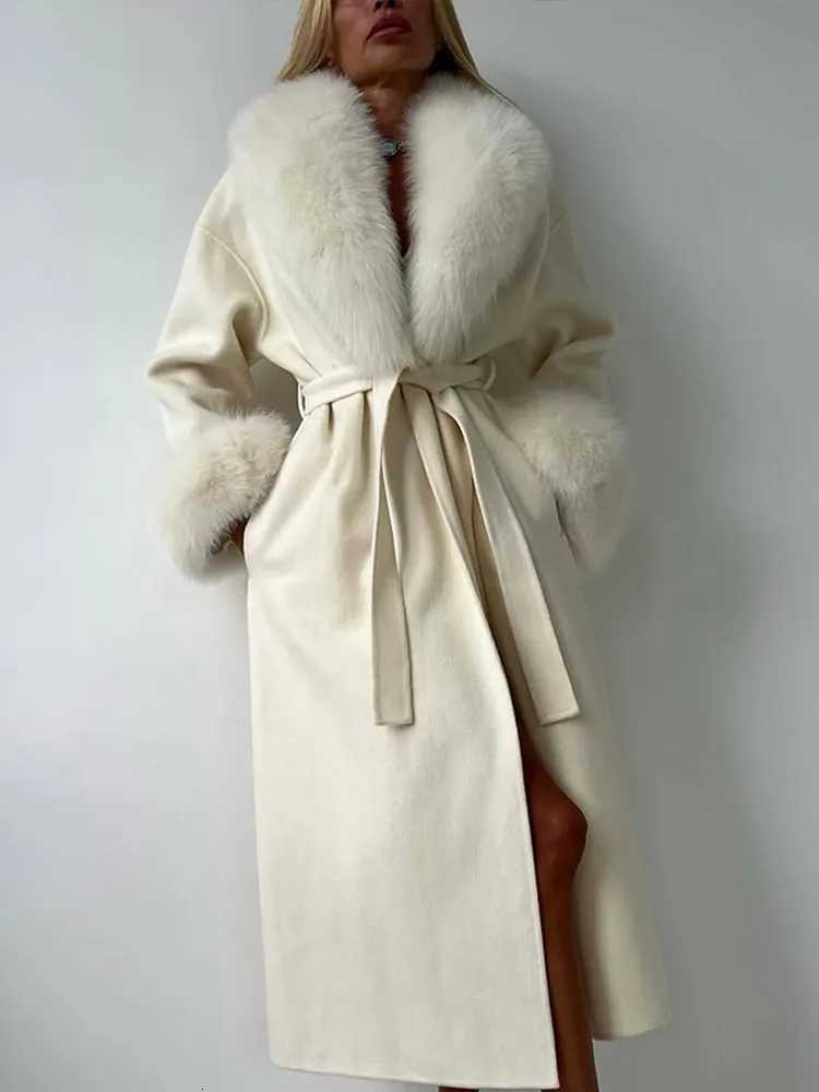 Women Solid Faux Fur Woolen Long Overcoat Patchwork V-neck Full Sleeve Lace Up Loose Coat 2025 Autumn New Lady Commute OutwearT251224