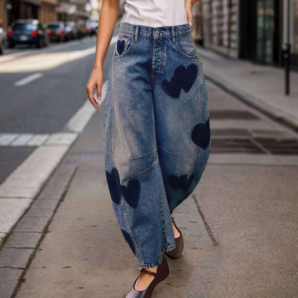 Woman clothes Barrel Jeans For Women Mid Rise Heart Printed Denim Ankle Vintage Baggy Womens Casual Dress Pants for Summer X251224
