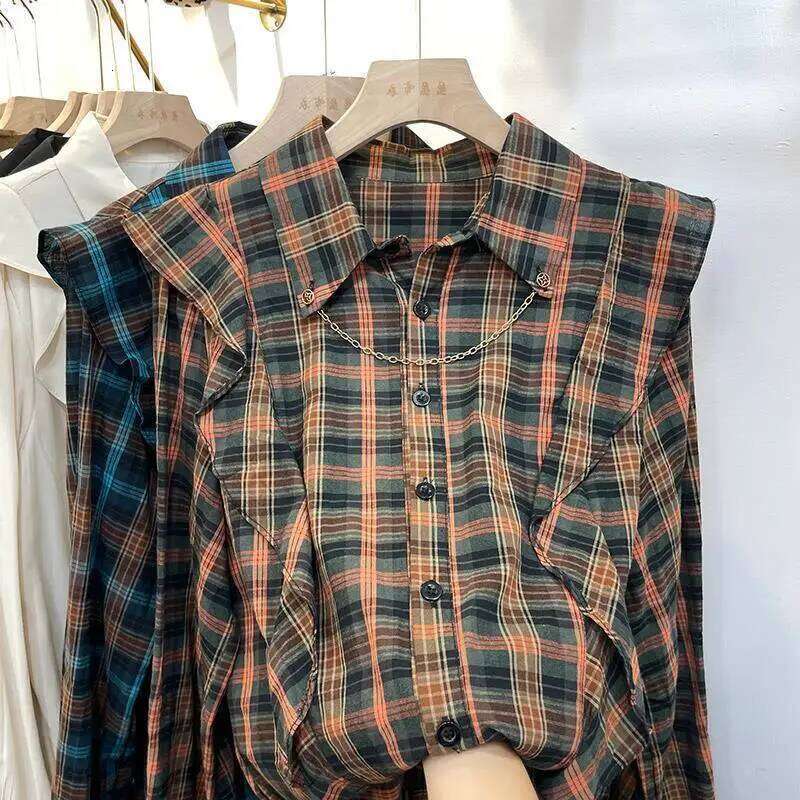 Elegant Women's Plaid Shirt Solid Color Square Collar Long Sleeve Top Versatile Age-Reducing New Arrival Autumn DREAM RECALL