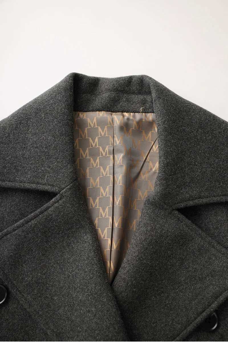 Dark Grey Womens Turn-Down Collar Double-faced Woolen Coat Autumn Winter Loose Casual Mid-Length Straight Overcoat With BeltT251224