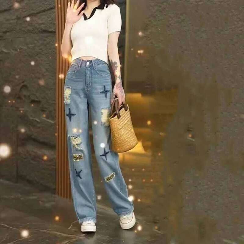 High-waisted Loose Ripped Wide-leg Denim 2025 Straight Spring and Summer New Thin Retro Slim Jeans X251224