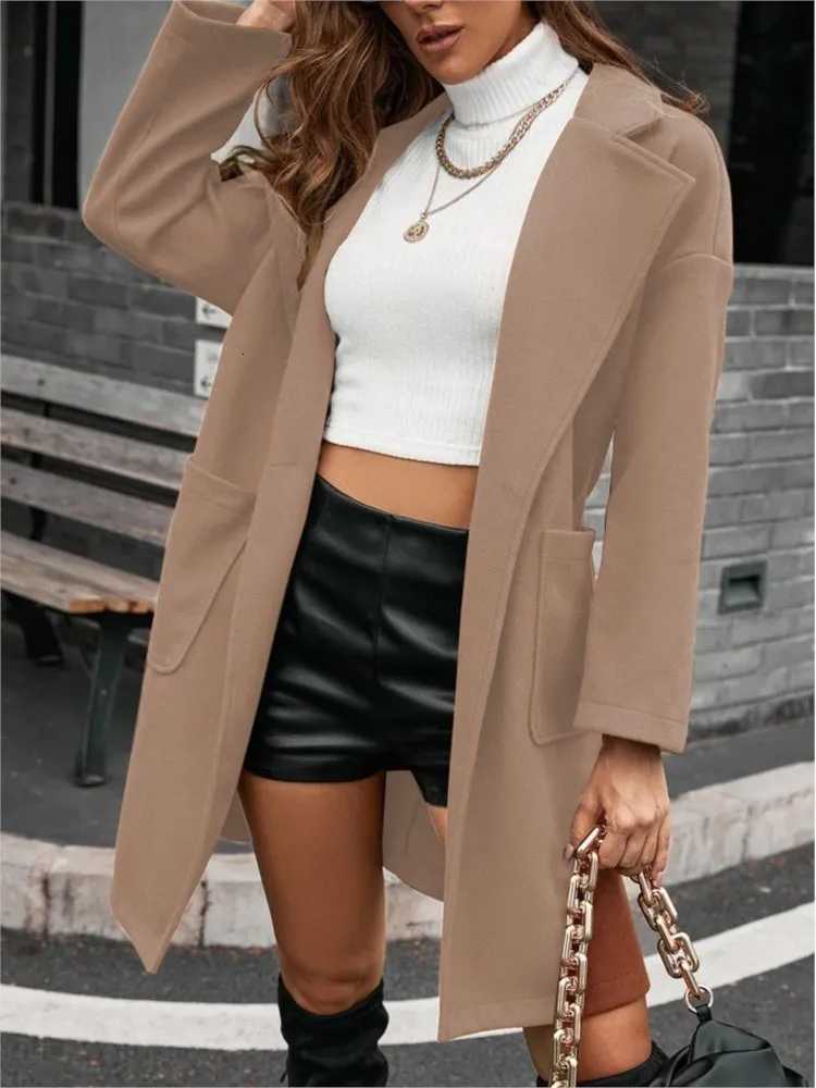 New Autumn Winter Womens Woolen Long-sleeved Casual Long Coats Fashion Pockets Elegant Laces Female Suit Collar Woolen CoatsT251224