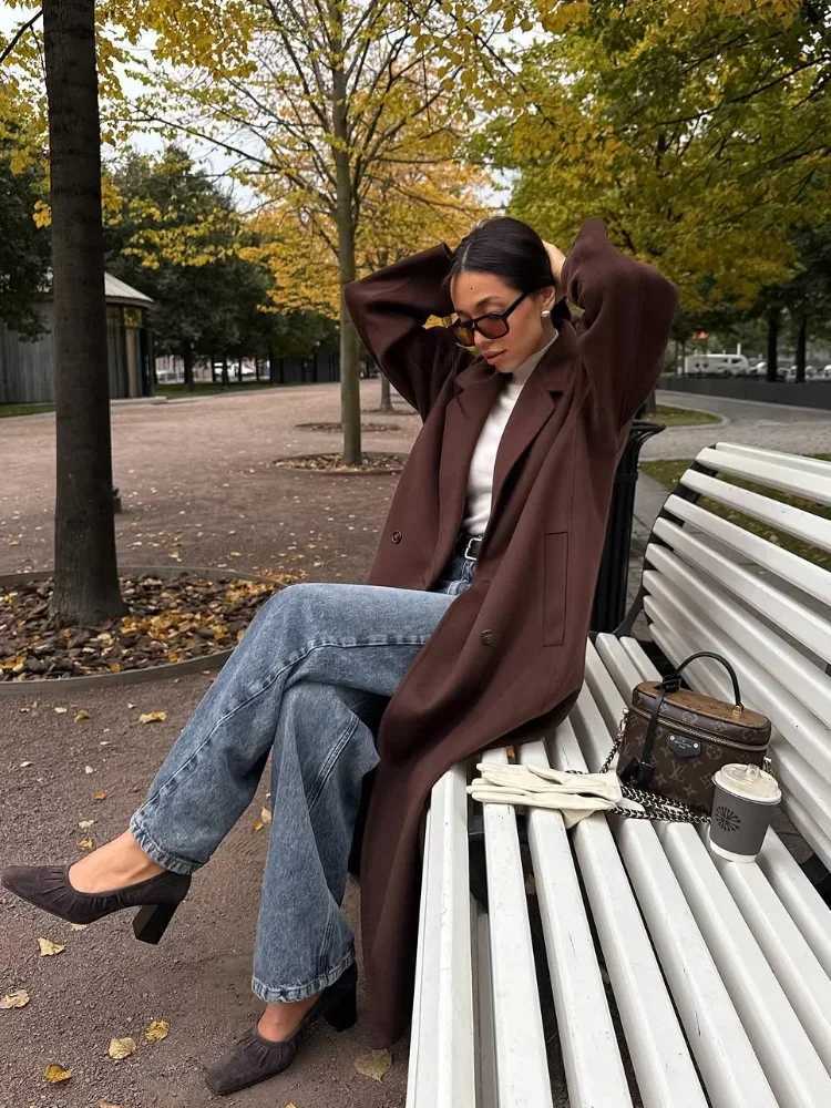 Casual Solid Lapel Woolen Blend Overcoat Women Single Breasted Full Sleeve V-neck Loose Warm Coat 2025 Winter Street OuterwearT251224