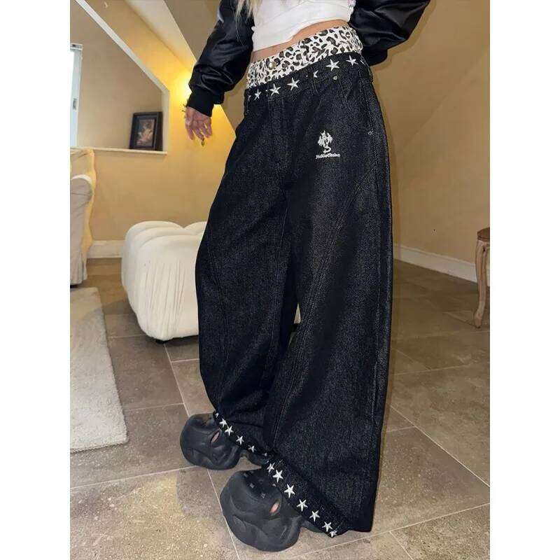 Harajuku American oversized leopard print waist splicing high waisted jeans women y2k hot girls niche star wide-leg pants 22ss X251224