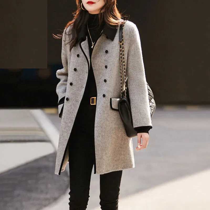 Autumn Winter Mid-Long Woolen Coat Women 2023 New Fashion Loose Turndown Collar Double-Breasted Outwear Overcoat Parka FemaleT251224