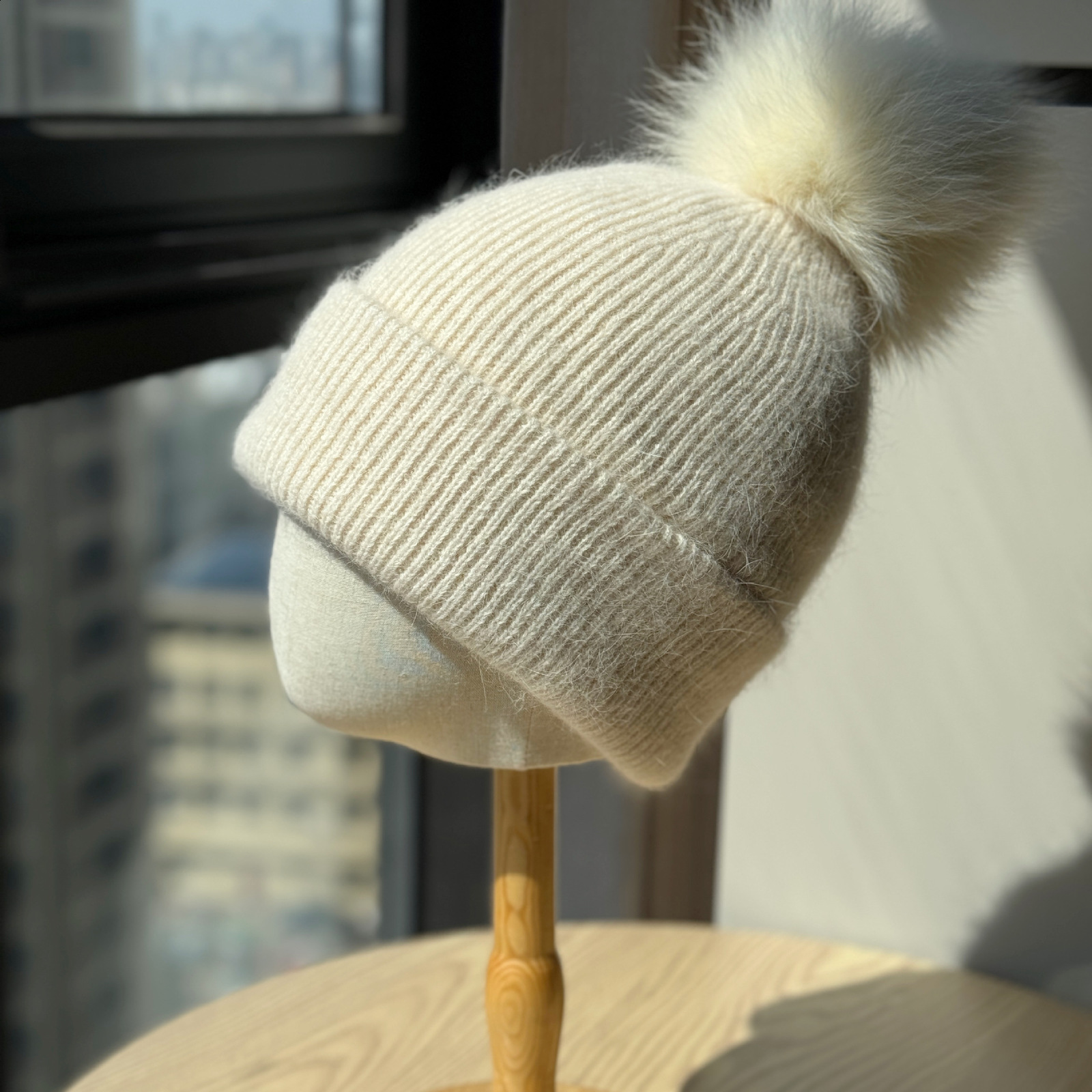 New Style Fox Fur Ball Hat for Women Winter Solid Color Woolen Thread Hat Face Slimming Ear Protection Knitted Thickened Warmth Cold Protection