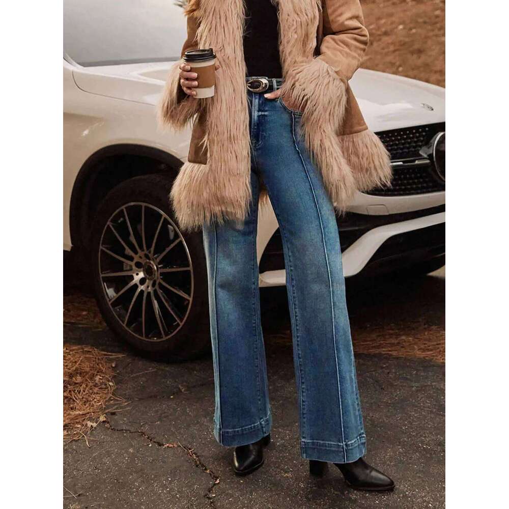 Autumn new women's dark blue high waist straight slim fit wide leg version stretch denim fabric elegant intellectual jeans X251224