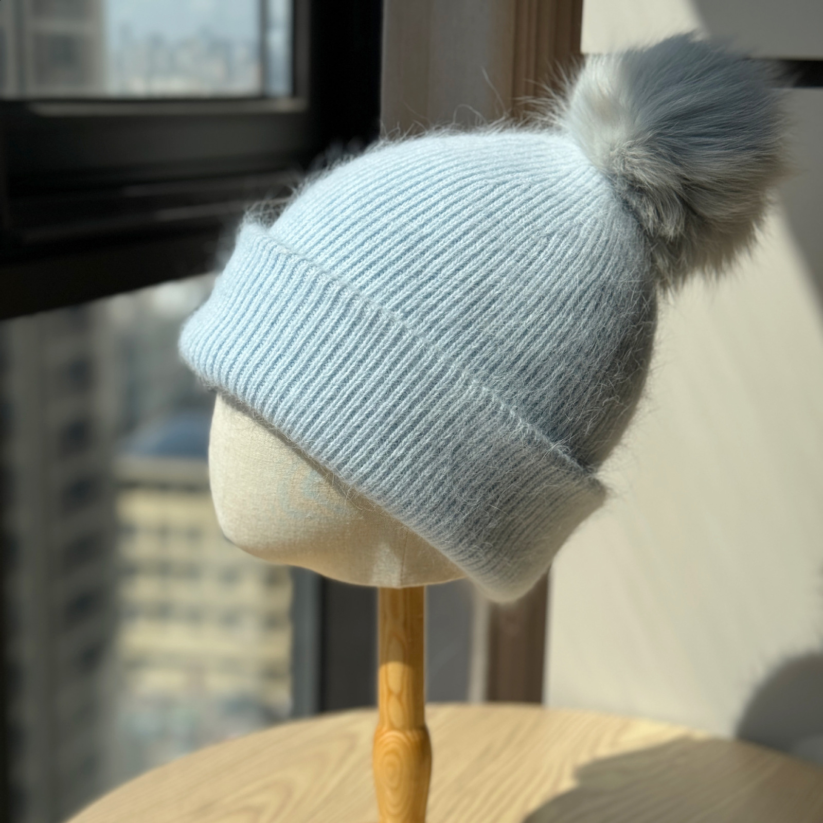 New Style Fox Fur Ball Hat for Women Winter Solid Color Woolen Thread Hat Face Slimming Ear Protection Knitted Thickened Warmth Cold Protection