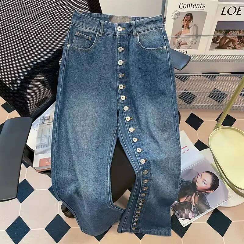 Retro Blue Straight Loose Jeans 2025 New Spring Autumn Multi Buttons Design Slim Wide Leg Denim Pants Female Trousers Streetwear X251224