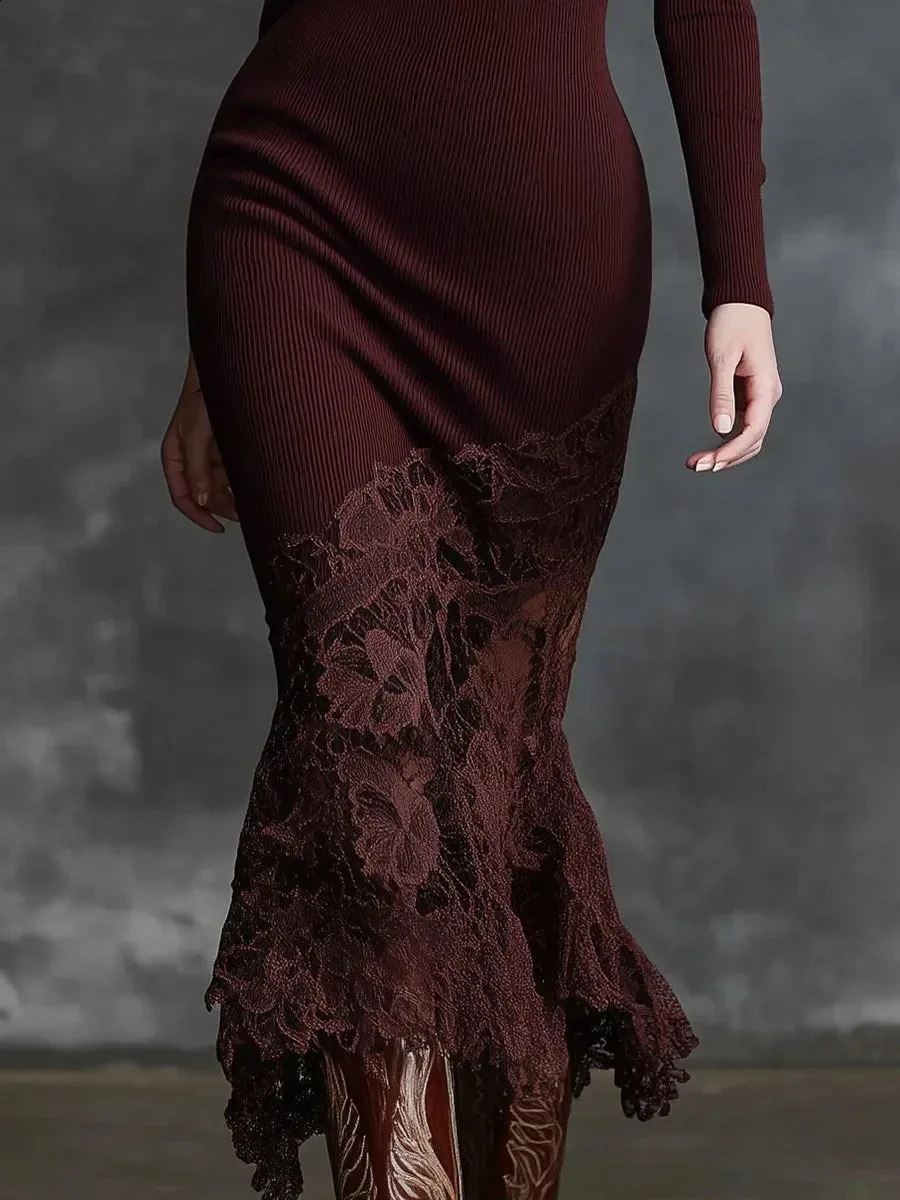 Spring Autumn Women Sexy Lace Splicing Comfortable High Neck Slim Fit Long Sleeve Evening Wine Red Maxi Dress 251223 C260311