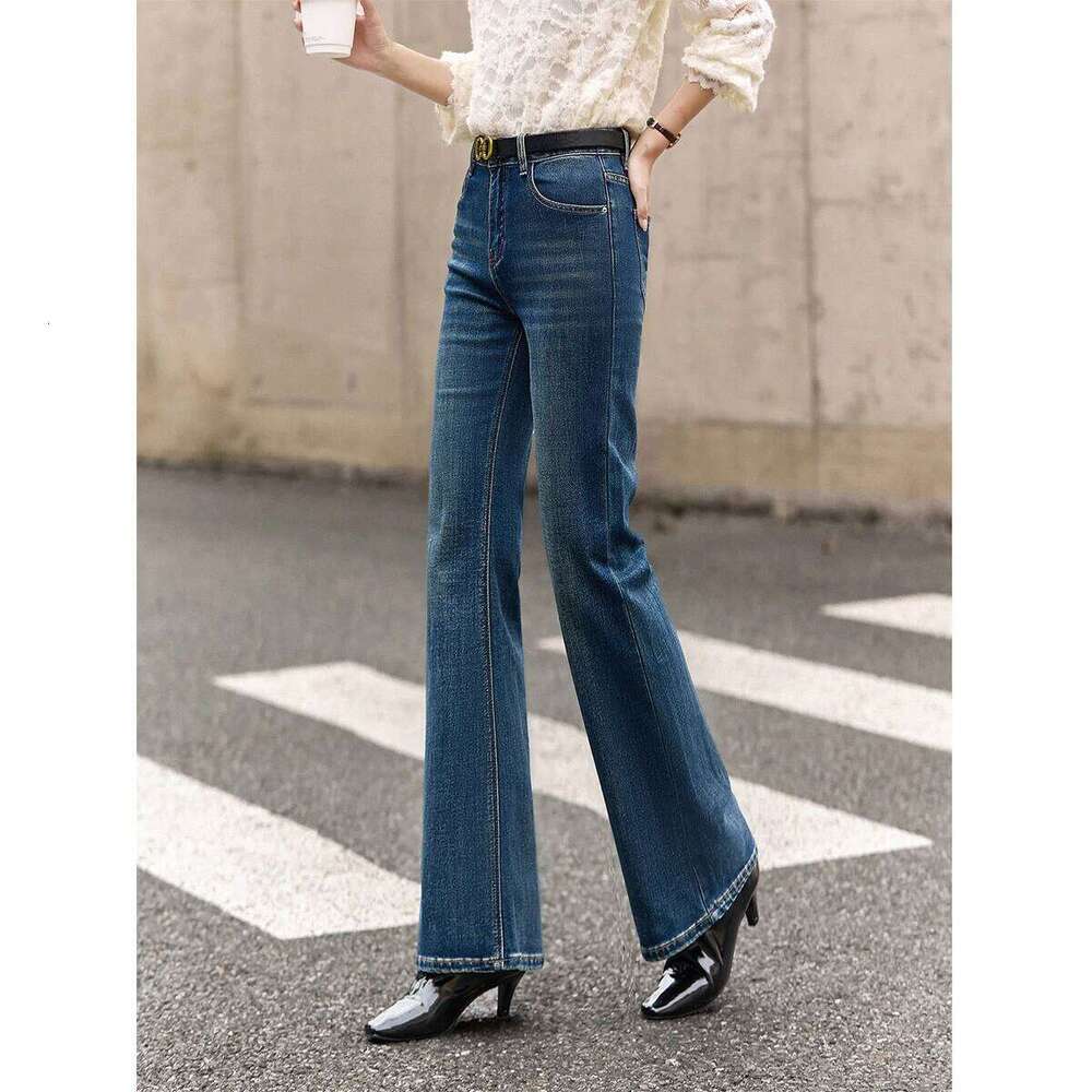 VIMLY Women's Denim Pants 2025 Winter Retro Washed Waist Cinching Slim Flared Jeans Elegant Button Pocket Women Bottoms 75219 X251224