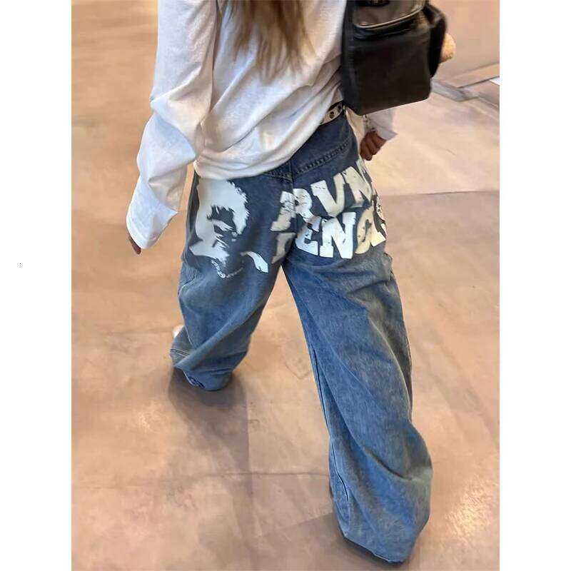 Autumn Women's Blue Y2k Baggy Harajuku Vintage Printing Denim Trousers Japanese 2000s Style Jeans Pants Oversize Clothes X251224