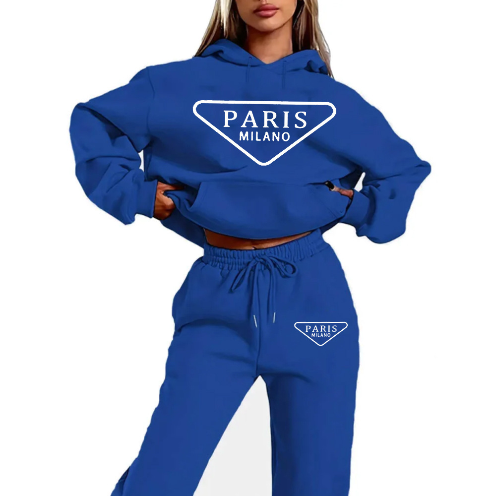 Womens autumn and winter fashionable casual Paris MILANO printed and plush thick warm hooded sweatshirtsports pants set designer