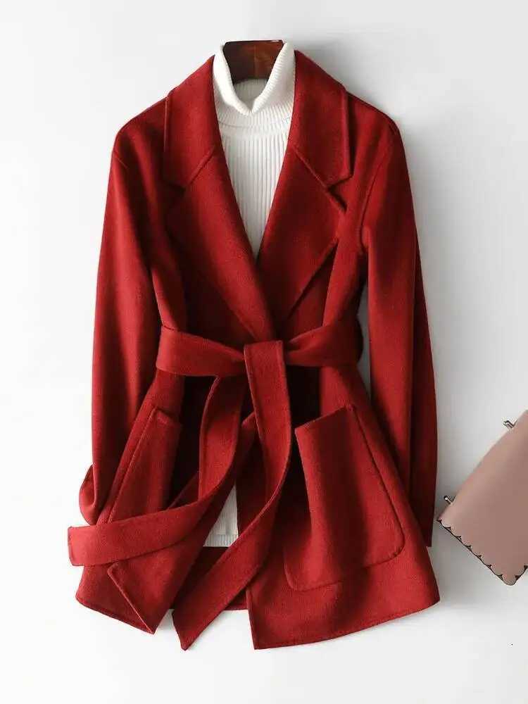 UCXQ Elegant Solid Color Wool Coat For Women Patchwork Lapel Pocket Lace Up Short Outerwear 2025 Winter New Tide 23Z3495T251224