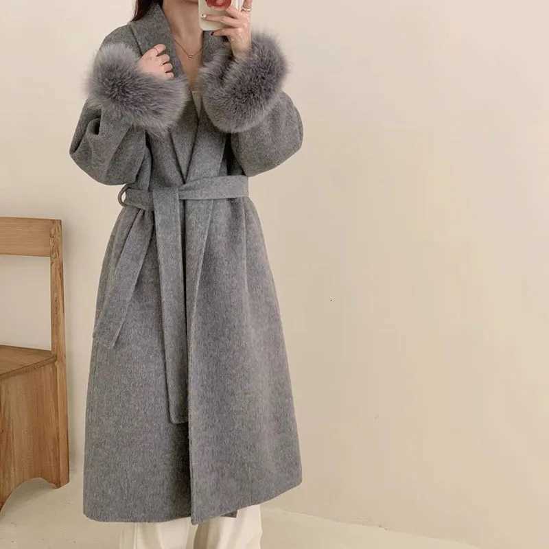 Autumn Winter New Double-Sided Cashmere High Quality Womens Woolen Coat 2025 Fashionable Fox Fur Sleeve Women Woolen Coat H700T251224