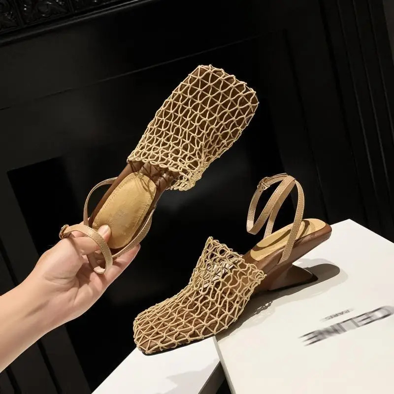 2025 Summer Fashion er Sandals Womens Lace Mesh Square Toe Shallow Narrow Strap Braided Slip-on High Heels Sandals251218