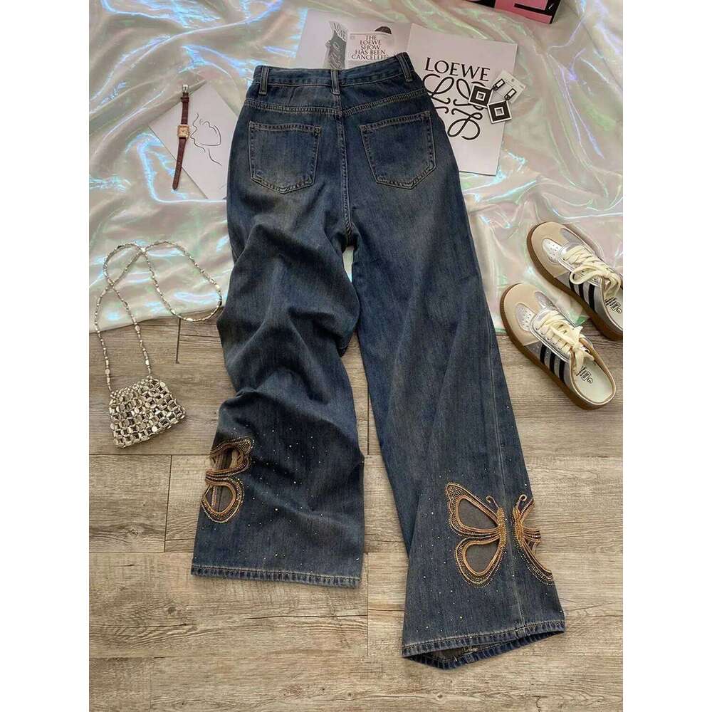 Butterfly Rhinestone Jeans Women Y2K Summer High Waist Wide Leg Straight Pants Distressed Hollow Out Loose Fit Denim Trousers X251224
