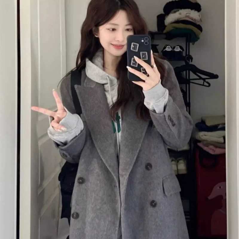 2025 Autumn/Winter New Arrival Premium Wool Blazer For Women - Thickened Medium-Length Grey Shoulder-Concealing Wool CoatT251224