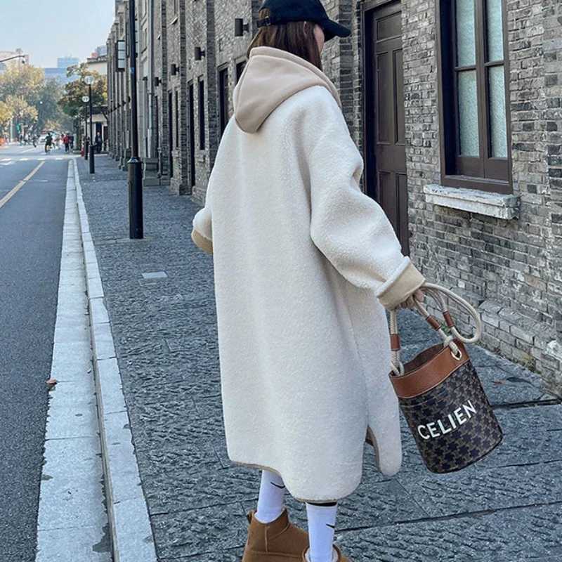 Hooded Wool Coats Women Autumn Winter Thicken Korean Style Casual Lambswool Loose Simple All-match Streetwear Patchwork ElegantT251224