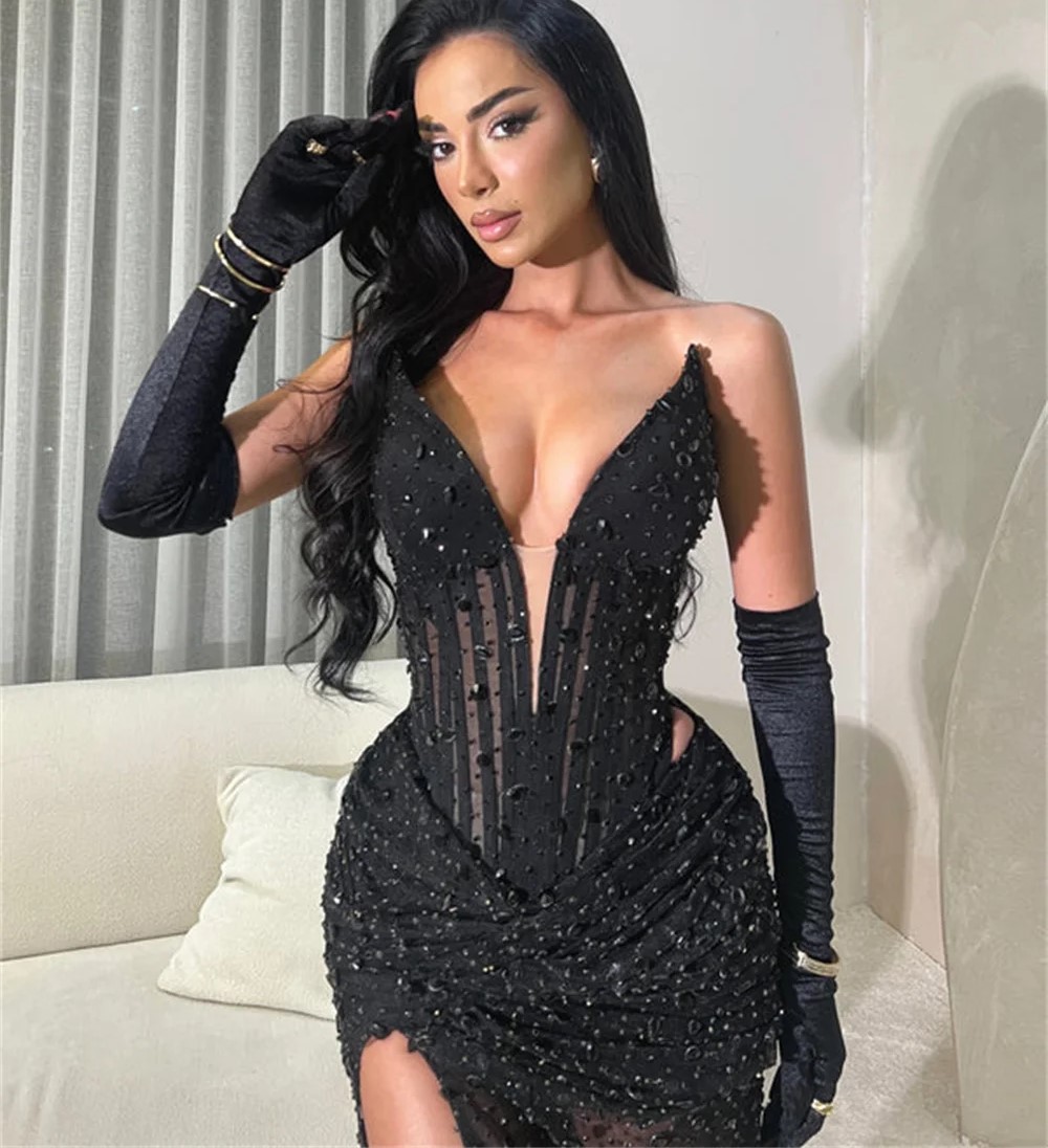 Sexy Mermaid Black Evening Pageant Dress 2026 Deep V-Neck Sequins Beads Silt Long Prom Birthday Gowns Pageant Dresses Robe De Soriee - view 3