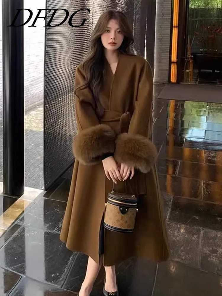 DFDG Caramel Brown Temperament Fashionable 2024 Autumn And Winter New Mid To Long Woolen Coat Jacket For WomenT251224