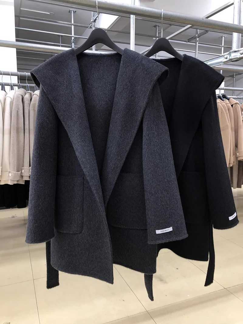 Hooded Medium-length Double Sided 100Wool Coat Women Korean Fashion Loose Winter Jacket 2025T251224