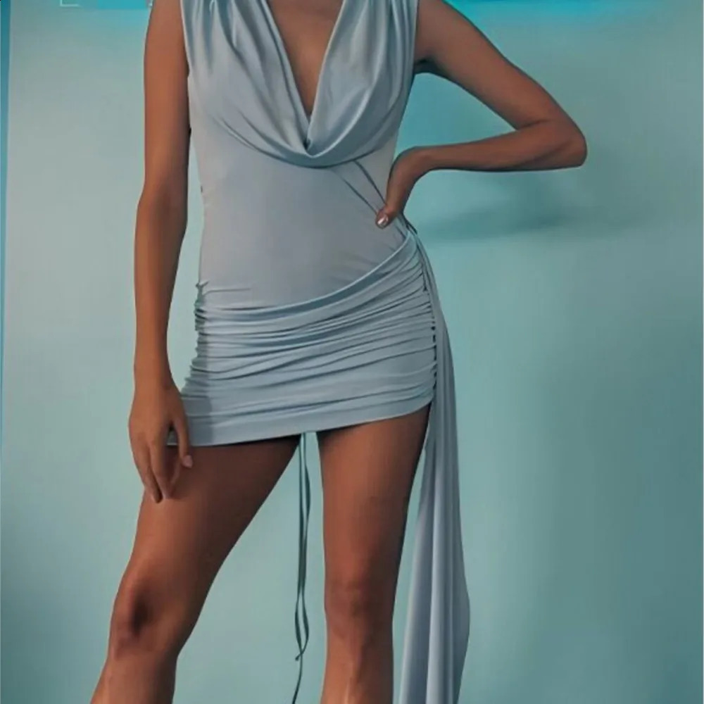 Pleated Hip Summer Womens Deep V-Neck Sexy Slim Halter Neck Sleeveless Irregular Short Dress Ropa Mujer Vestidos 251223 C260312