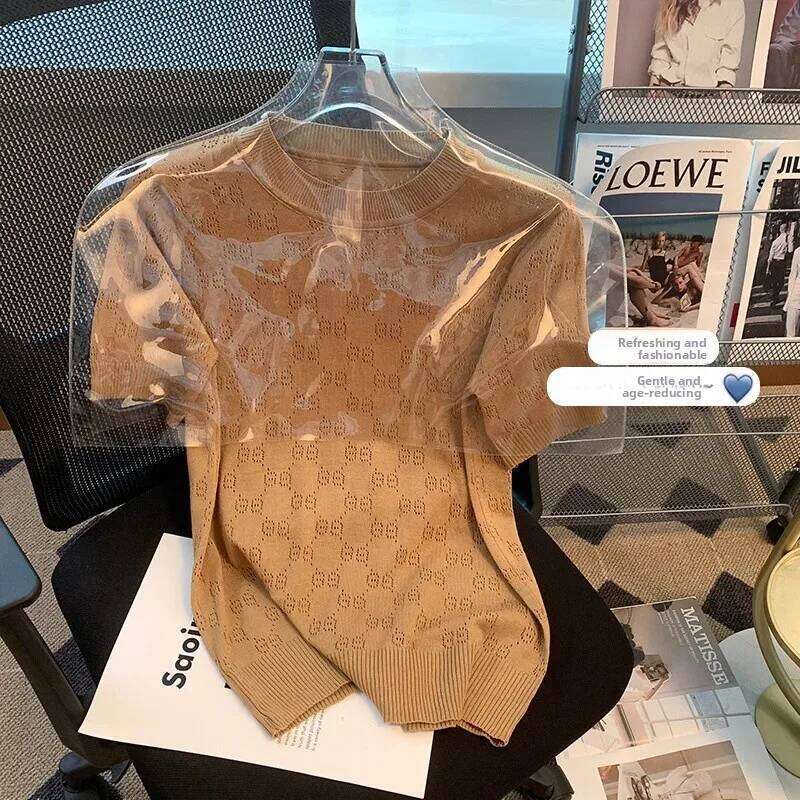 Ice Silk Base Layer Knitted Top Women's Round Neck Loose Thin Summer New Fashion French Design Ladies T-Shirt Sweater Vest