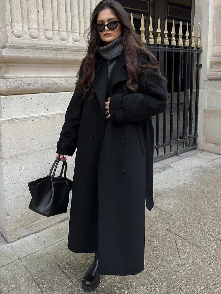 Fashion With Belt Black Woolen Long Coat For Women Oversize Loose Double Button Lapel Overcoat Autumn Lady High Street OuterwearT251224