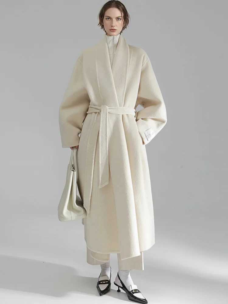 Bathrobe Style Loose 100Wool Coat Women Fashio Elegant Autumn Winter Jacket 2025T251224