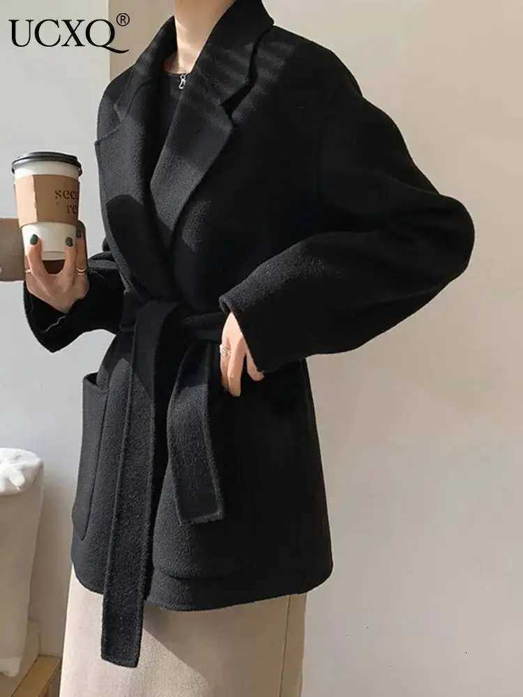 UCXQ Elegant Solid Color Wool Coat For Women Patchwork Lapel Pocket Lace Up Short Outerwear 2025 Winter New Tide 23Z3495T251224