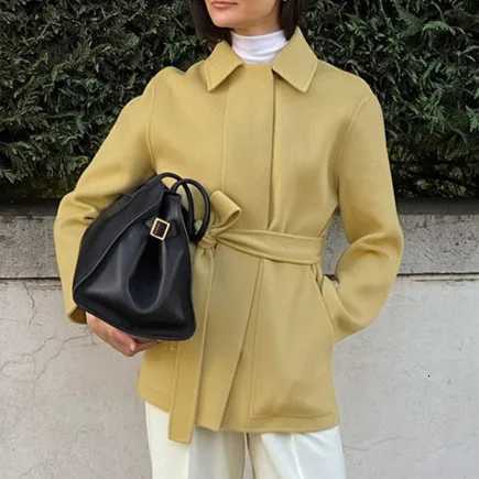 Lace Up Autumn Womens Woolen Jacket Yellow Turn Down Collar Pockets Long Sleeve Outwear For Female Elegant Sweet Ladys CoatT251224