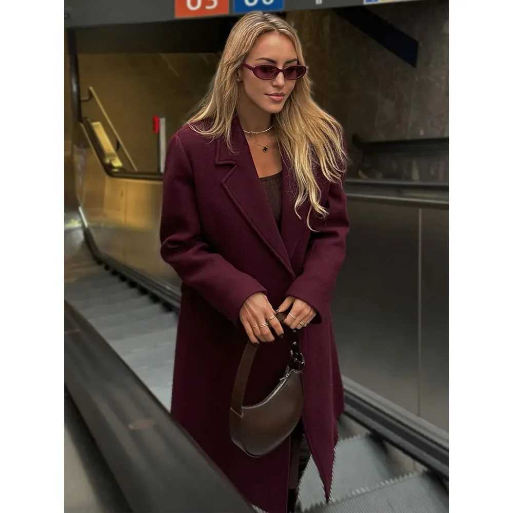 Women Fashion Burgundy Woolen Coat Double Breasted Long Sleeve Lapel Blends Jacket Autumn Winter High Street OuterwearT251224