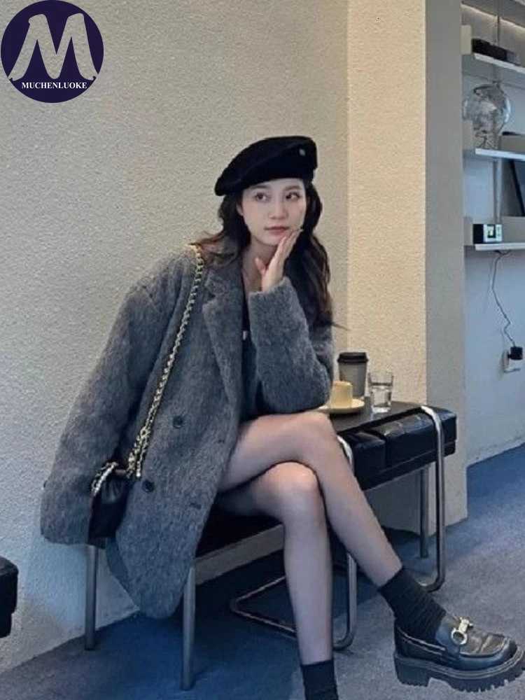 Coats for Woman Autumn Winter New Elegant Long Sleeves Thickening Woolen Suit Jacket Korean Fashion Casual Loose Keep Warm CoatT251224